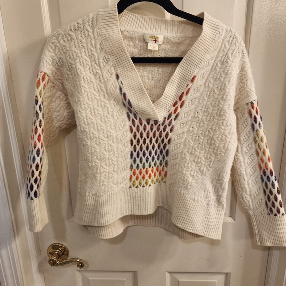 Anthropologie Maeve V-Neck Cable-Knit Wool Sweater Rainbow size MED - Picture 4 of 13